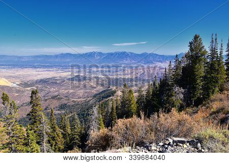 Rocky Mountain Wasatch Front Peaks, Panorama Landscape View From Butterfield Canyon Oquirrh Range By