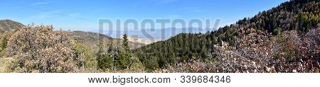 Rocky Mountain Wasatch Front Peaks, Panorama Landscape View From Butterfield Canyon Oquirrh Range By
