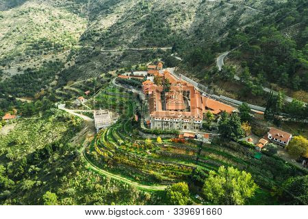 Aerial View Of Ancient Machairas Monastery In Cyprus Mountains. Beautiful View Of Old Religious Medi