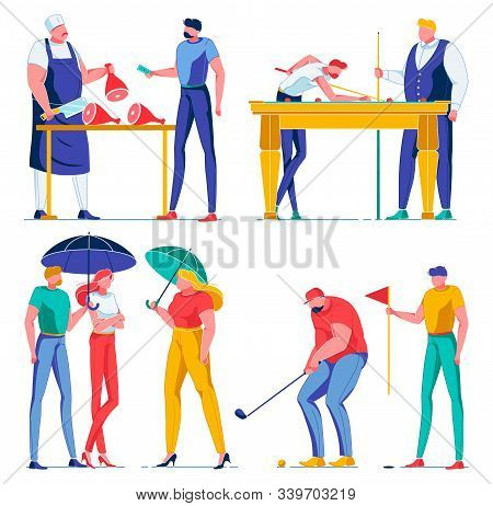 Scenes From Different Life Spheres Flat Cartoon Vector Illustration. Customer Buying Meat In Butcher