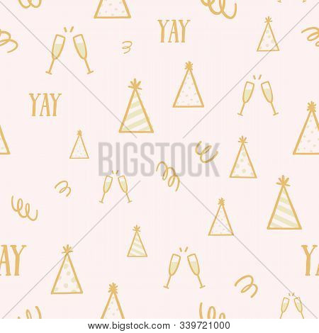 Vector Gold Party Hats Celebration Hand Drawn Seamless Pattern