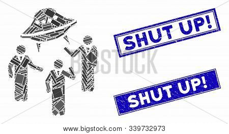 Mosaic Ufo Discussion Pictogram And Rectangle Shut Up Exclamation Watermarks. Flat Vector Ufo Discus