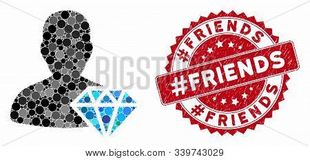 Mosaic Goldsmith And Distressed Stamp Seal With Hashtagfriends Phrase. Mosaic Vector Is Created With