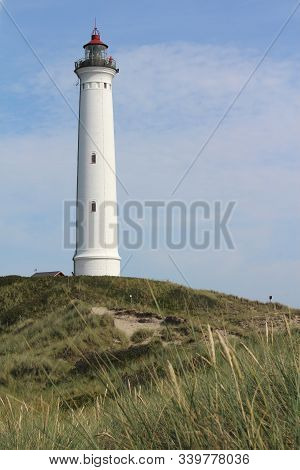 Lighthouse, Lyngvig Fyr Near Ringkobing In Denmark, On A Sunny Summers Day.