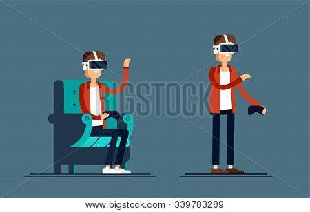 Cool Vector Concept On Virtual Reality Headset In Use. Guy Experiences Full Immersion Into Virtual R
