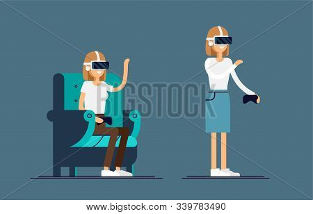 Cool Vector Concept On Virtual Reality Headset In Use. Girl Experiences Full Immersion Into Virtual 