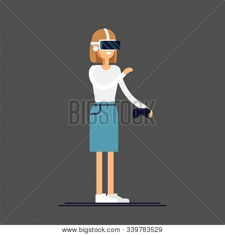 Cool Vector Concept On Virtual Reality Headset In Use. Girl Experiences Full Immersion Into Virtual 