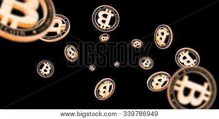 Bitcoin Wallet. Gold Falling Cryptomoney Isolated On Dark. Litecoin, Ethereum Cryptocurrency Backgro