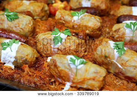 Closeup Of Fried Traditional Hungarian Luncheon Meat Foodish Name Is Kolbasz Sauseges
