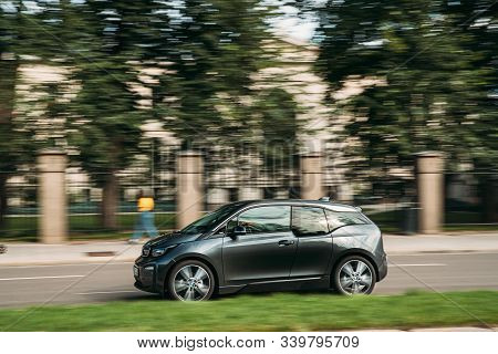 Oslo, Norway - June 24, 2019: Electric Bmw I3 Is A B-class, High-roof Hatchback Fast Driving In City