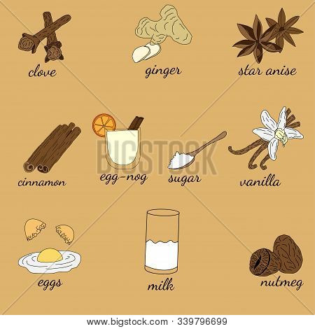 Egg-nogg Winter Warming Recipe. Egg Shake Made From Milk, Eggs, Sugar, Nutmeg, Cinnamon, Vanilla, St