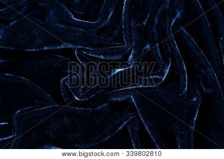 Drity Blue Fabric Closeup. Velvet Texture Background. Classic Blue Color Of Year 2020