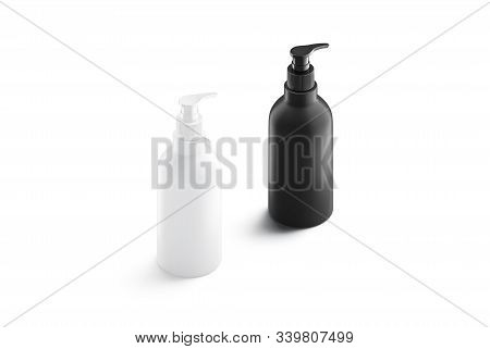 Blank Black And White Plastic Soap Bottle Mockup Set Stand Isolated, 3d Rendering. Empty Hand Or Fac