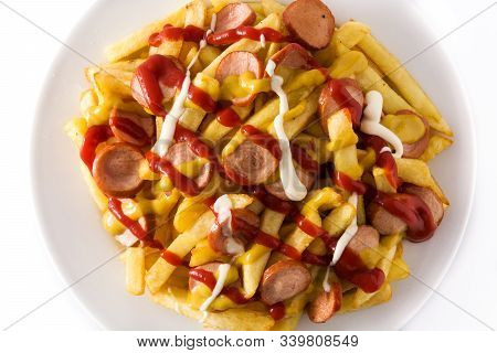 Typical Latin America Salchipapa. Sausages With Fries, Ketchup, Mustard And Mayo Isolated On White B