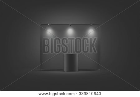 Blank Black Trade Show Booth Mock Up, On Dark Background, 3d Rendering. Empty Banner With Light For 