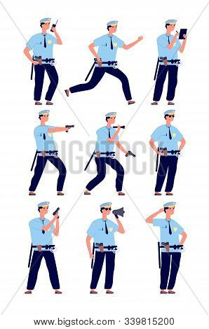 Policeman. American Cop Security Officer, Police Patrol In Uniform With Gun. Professional Guards Car