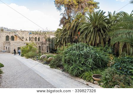 Jerusalem, Israel, December 07, 2019 : Decorative Garden Of The Benedictine Abbey Of Abu Gosh In The