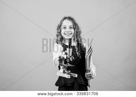 Science Research In Lab. Small Genius Girl With Microscope. Small Girl Scientist Testing. Child Stud