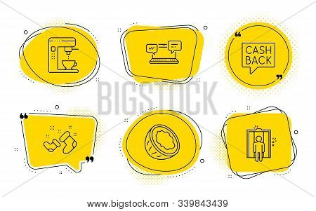 Coconut, Coffee Maker And Elevator Signs. Chat Bubbles. Santa Boots, Money Transfer And Internet Cha