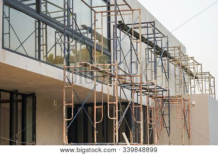 Closeup Crowd Of Steel Scaffolding Set Up At Construction Site