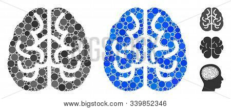 Brain Mosaic Of Circle Elements In Various Sizes And Color Tinges, Based On Brain Icon. Vector Circl