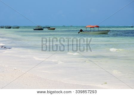 Pingwe Beach, Fishing Boats Moored In Indian Ocean. Tanzania, Africa