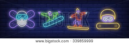 Snowboarder Neon Signs Set. Snowboarding, Board, Helmet, Mask. Vector Illustration In Neon Style, Br