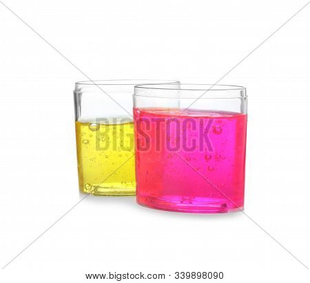 Colorful Slimes In Plastic Containers Isolated On White. Antistress Toy