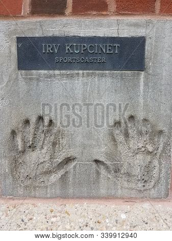 Chicago, Il September 19, 2019, Irv Kupcinet Sports Broadcaster Hand Prints In Cement At The Chicago