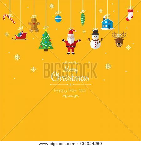 Christmas Greetings Ornament Elements Hanging In Yellow Background. Santa Claus, Christmas Tree, Bel