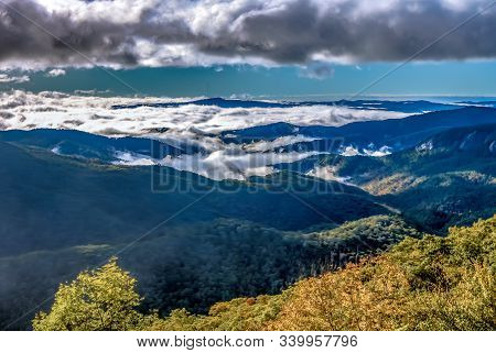 Early Morning Autumn Foggy Photo At Blue Ridge Parkway North Carolina