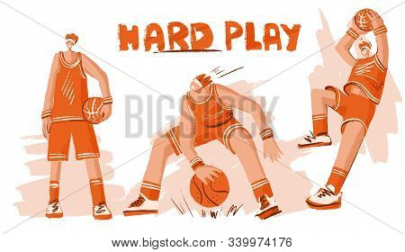 Vector Collection Of Lined Doodle And Hand Draw Illustration Of Basketball Players. Man Playing In B