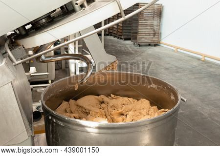Industrial Mixer For Kneading Dough. One Of Stages Of Making Bread Dough. Close-up