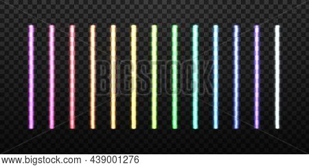Neon Glow Led Stick In Different Bright Colors On Dark Background. Ultraviolet Transparent Neon Ligh