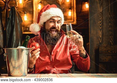 Champagne In Hands Christmas Men. Winter Holiday And Wekeend At Home. Happy New Year.
