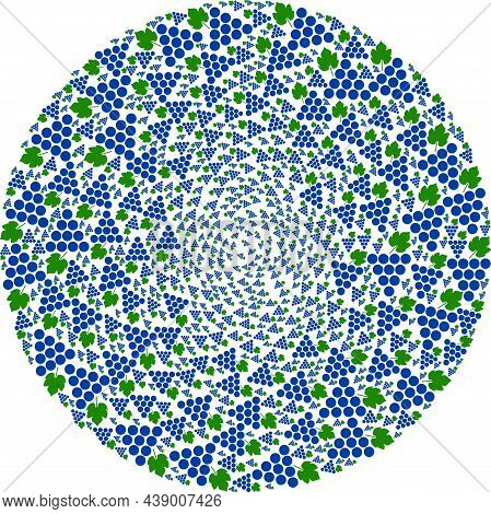 Grapes Bunch Icon Twist Spheric Composition. Grapes Bunch Icons Are United Into Globula Twist Design