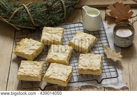 Apple Pie Slices With Meringue Served With Coffee. Rustic Style.