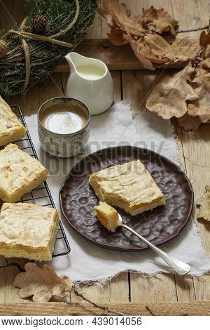 Apple Pie Slices With Meringue Served With Coffee. Rustic Style.