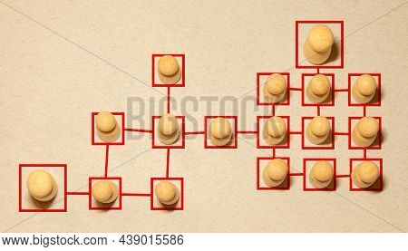 Chain Of People Figurines Connected By White Lines. Cooperation And Interaction Between People And E