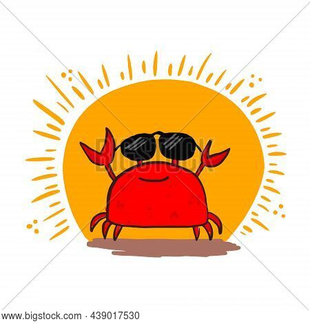 Cute Sketch Hand Drawn Red Color Pencil Cheerful Crab With Sunglasses Illustration. Bright Cartoon C