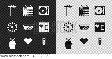 Set Paper Mustache On Stick, Birthday Calendar, Vinyl Player With Vinyl Disk, Cake, Balloon Form Of 