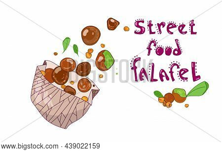Falafel Flying Out Of Cardboard Box, Hand Drawn Design, With Lettering , Street Food Falafel Isolate