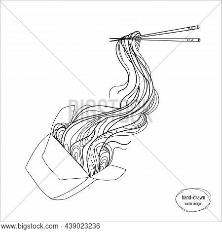 Chinese Noodles On Chopsticks In Abstract Hand-drawn Style, Line Art. Fast Food Box.