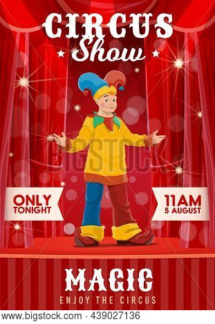Shapito Circus Poster, Cartoon Clown Character Of Funfair Carnival Show, Vector. Circus Clown Or Har