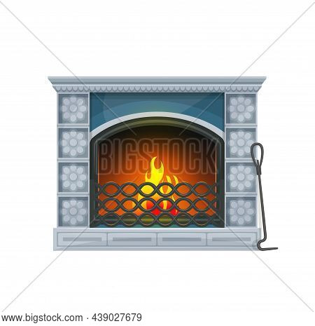 Home Interior Fireplace With Burning Fire. Vector Traditional Indoors Chimney Of Decorative Tiling W