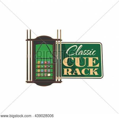 Pool Cue Rack Vector Icon Of Billiards Sport Game. Billiard And Snooker Balls, Cues Or Sticks And Tr