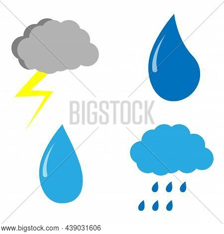 Thunderstorm And Rain Clouds. Drop Sign. Weather Element. Meteorology Background. Vector Illustratio