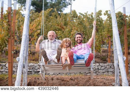 Men Generation Family Playing On Swing Together Excited Grandfather, Amazed Father And Funny Son Swi