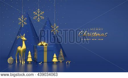 Christmas Banner. Composition From Gift Box, Gold Deer, Shining Showflakes And Ball, Golden Metallic