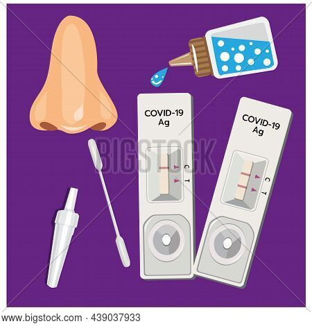 Illustration Of Covid Testing Equipment, Atk Test Set With A Nasal Swab. Reagent And Virus In The Ba